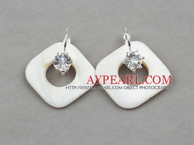 Rhombus Shape White Shell Earrings with Rhinestone