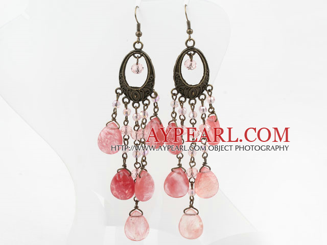 Vintage Style Drop Shape Cherry Quartz Crystal Long Earrings