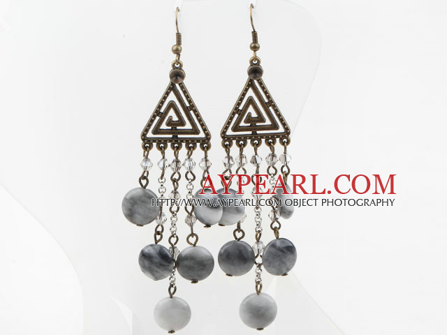 Vintage Style Flat Round Eagle Eye stone Long Earrings