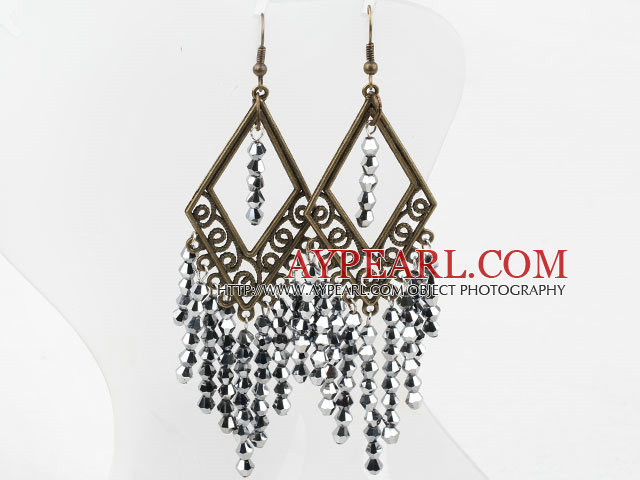 Vintage Style Gray Silver Color Crystal Tassel Earrings