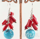 Classic Loop Chain Red Cylinder Coral And Round Blue Turquoise Cluster Earrings