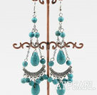 Wholesale Popular Long Chain Loop Style Round And Teardrop Burst Pattern Blue Turquoise Dangle Earrings