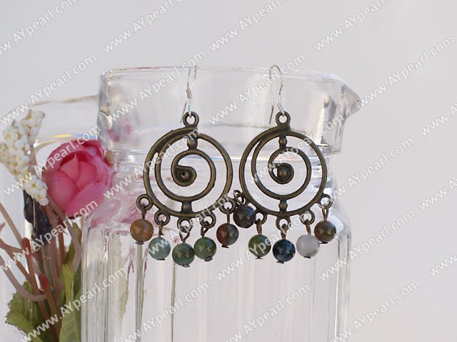 Elegant Colorful Indian Agate And Annulus Pattern Bronze Metal Dangle Earrings