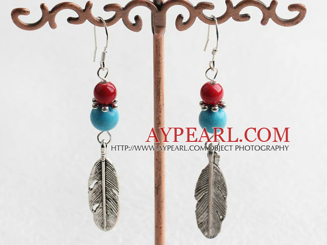 Lovely Round Blue Turquoise And Red Bloodstone Leaf Charm Dangle Earrings With Fish Hook