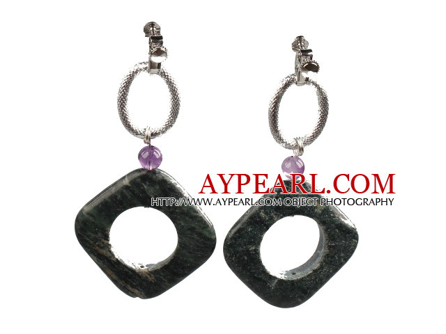 Classic Simple Design Hollow Green Picture Jasper Amethyst Dangle Earrings