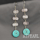 Wholesale Lovely Disc Blue Turquoise And Peanut Rose Quartz Dangle Earrings With Fish Hook