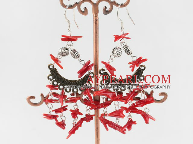 Vintage Spinous Shape Red Coral Loops Charm Dangle Earrings With Fish Hook