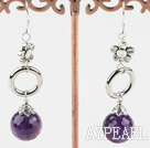 Fashion Long Style Natural Faceted Round Amethyst Ball And Loop Flower Metal Charm Earrings