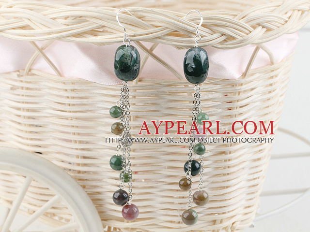 Popular Long Chain Loop Style Round Indian Agate Dangle Earrings With Fish Hook