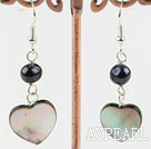Lovely Black Freshwater Pearl And Heart Shape Lip Shell Loop Dangle Earrings
