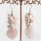 Beautiful Natural Pink Freshwater Pearl And Heart Shape Rose Quartz Cluster Earrings