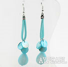 Nice Long Green Disc And Teardrop Shape Dyed Blue Shell Dangle Earrings With Green Cords