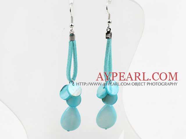 Nice Long Green Disc And Teardrop Shape Dyed Blue Shell Dangle Earrings With Green Cords