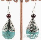 Fashion Teardrop Blue Turquoise And Round Garnet Drop Earrings With Fish Hook