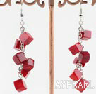 6Mm Thick Rhombus Red Coral Link Charm Dangle Earrings With Fish Hook 