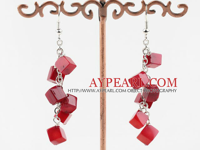 6Mm Thick Rhombus Red Coral Link Charm Dangle Earrings With Fish Hook 