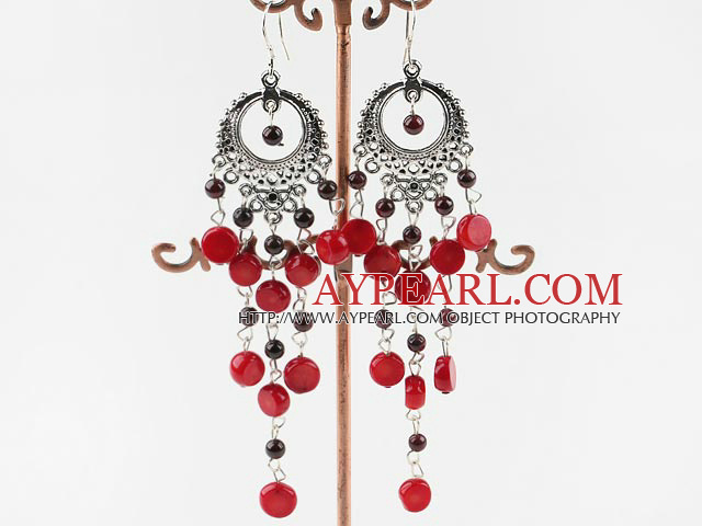 Wonderful Long Style Caky Red Coral And Round Garnet Loop Metal Charm Dangle Earrings