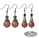 2 Pcs Vintage Style Round Sunstone Bead And Chrysoprase And Granet Dangle Earrings