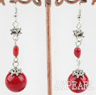 Beautiful Red Coral And Round Bloodstone Loop Charm Drop Earrings With Fish Hook
