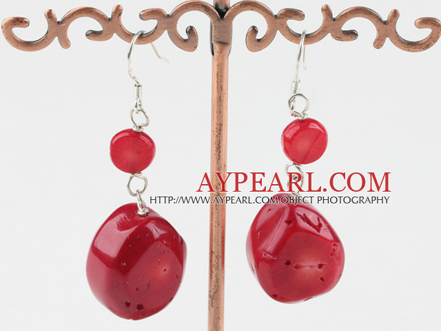 Lovely Short Style Flat Round Red Coral Dangle Earrings With Fish Hook