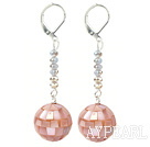 Dangle Style Pink Mosaics Shell and Gray Crystal Long Earrings