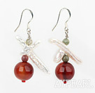 Fashion White Cross Pearl And Funtastic Red Round Agate Drop Earrings With Fish Hook