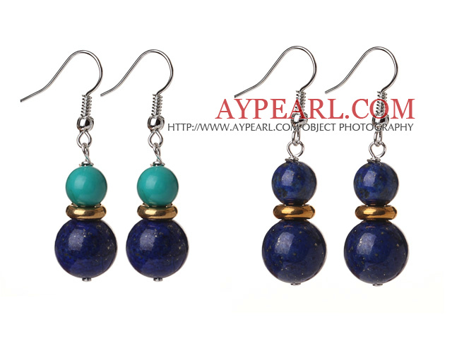 2 Pcs Fashion Style 12mm Natural Lapis Ball And Turquoise Earrings