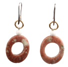 Classic Simple Design Donut Shape Pink Picture Jasper Dangle Earrings With Golden Loop