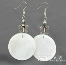 Lovely 30Mm White Disc Shell Butterfly Metal Charm Dangle Earrings With Fish Hook