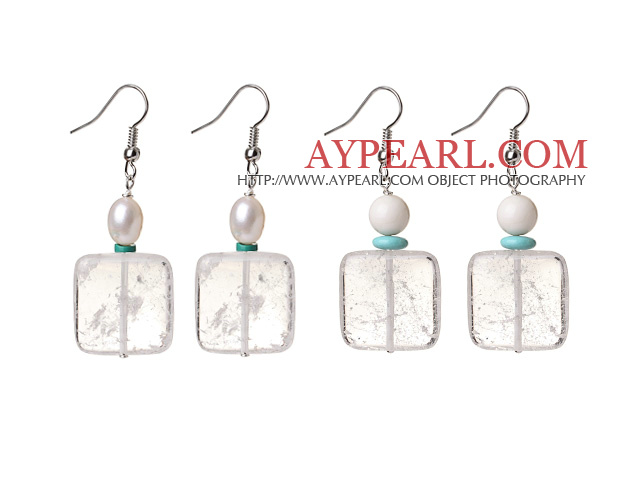 2 Pcs Beautiful Summer Design Rectangle Shape Natural Clear Crystal And White Sea Shell Pearl Beads Earrings