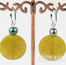 Lovely Green Freshwater Pearl And Flat Round Olive Jade Earrings With Ear Hoops