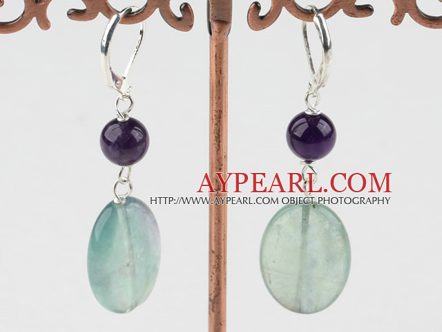 Wonderful Oval Shape Amethyst And Rainbow Flourite Dangle Earrings With Lever Back Hook