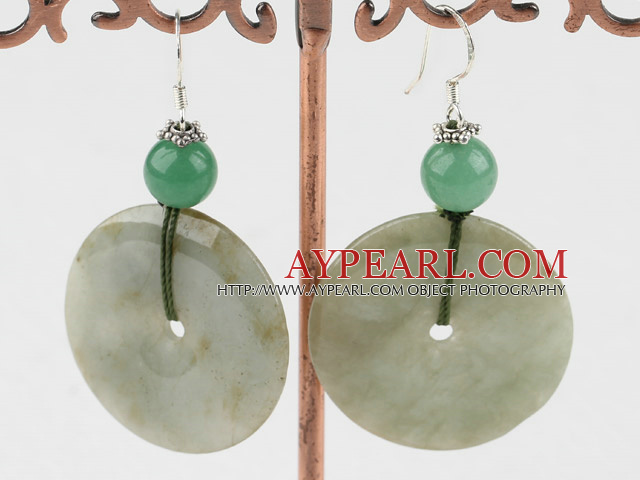 Large Diameter Donut And Small Round Aventurine Threaded Dangle Earrings With Fish Hook