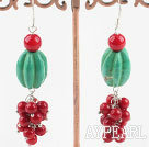 Lovely Pumpkin Shape Blue Turquoise And Round Red Coral Cluster Earrings With Fish Hook