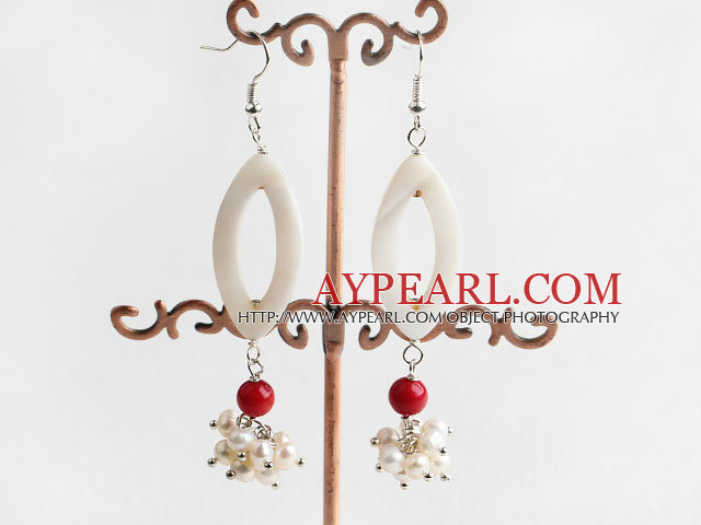 Fashion Cluster White Freshwater Pearl And Eye Shape Shell Round Coral Dangle Earrings