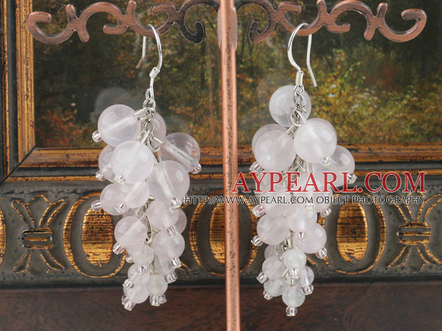 Elegant Round Rose Quartz Cluster Style Dangle Earrings With Fish Hook