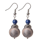 Vintage Gray Moonstone Ball And Lapis Bead Earrings With Petal Shape Tibet Silver