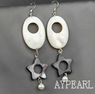 Lovely White And Black Hollow Star Shape Shell And White Pearl Dangle Earrings