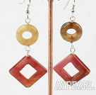 Elegant Donut And Hollow Square Three Color Jade Dangle Earrings With Fish Hook