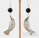 Wholesale Lovely Black Agate Ball And Beautiful Tibet Silver Fish Finding Dangle Earrings