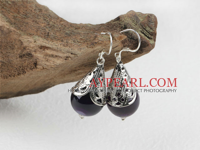 Lovely 14Mm Purple Agate Ball And Horn Charm Dangle Earrings With Fish Hook