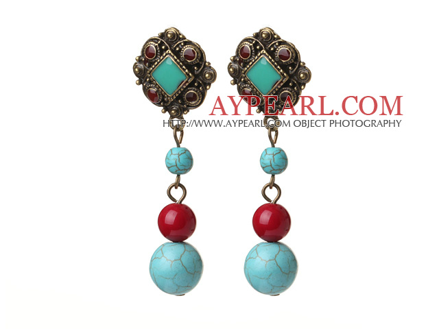 Vintage Tibetan Style Round Blue Burst Pattern Turquoise And Red Coral Beads Earrings