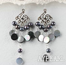 Beautiful Black Freshwater Pearl And Black Shell Lip Loop Dangle Earrings