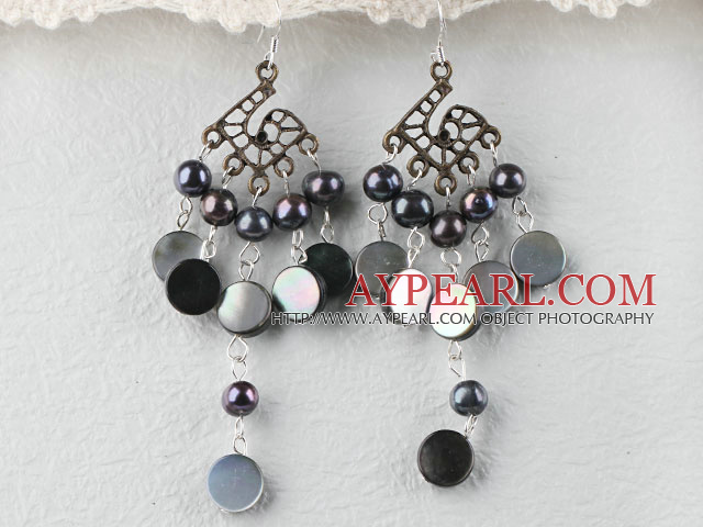 Beautiful Black Freshwater Pearl And Black Shell Lip Loop Dangle Earrings
