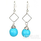 Nice 12Mm Round Blue Turquoise And Hollow Rhombus Metal Dangle Earrings