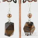 Nice Brown Freshwater Pearl And Irregular Tiger Eye Dangle Earrings