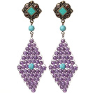 Trendy Special Rhombus Shape Amethyst Beads And Turquoise Wire Wrapped Earrings With Tibetan Accessory