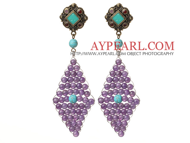 Trendy Special Rhombus Shape Amethyst Beads And Turquoise Wire Wrapped Earrings With Tibetan Accessory