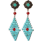 Wholesale Trendy Special Rhombus Shape Blue Turquoise Beads And Red Agate Wire Wrapped Earrings With Tibetan Accessory