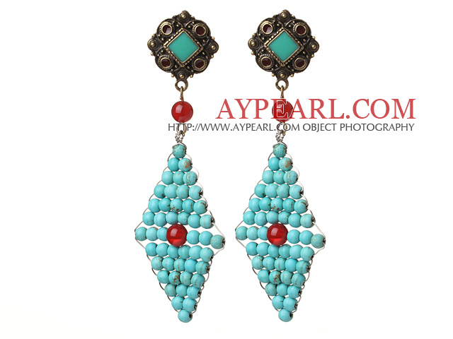 Trendy Special Rhombus Shape Blue Turquoise Beads And Red Agate Wire Wrapped Earrings With Tibetan Accessory